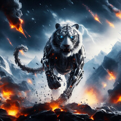 A robotic tiger running, sci-fi scene, background is fire, smoke, explosion, lava, black clouds, thunderbolt and lightning, Wall Art for Home Decor - obrazy, fototapety, plakaty