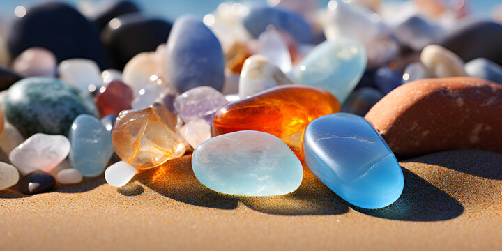 A collection of colorful pebbles on a beach, Colorful beach stones background, Piedras preciosas en la playa de cerca vista suave, Generative AI