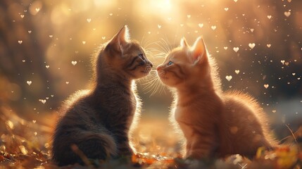 Two kittens in love, little hearts flying around. AI generated illustration