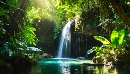 Nature background a waterfall in a lush green forest