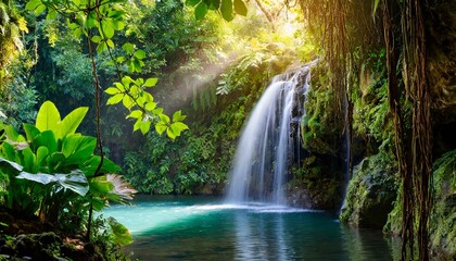 Scenic view of waterfall in forest, beautiful nature background 
