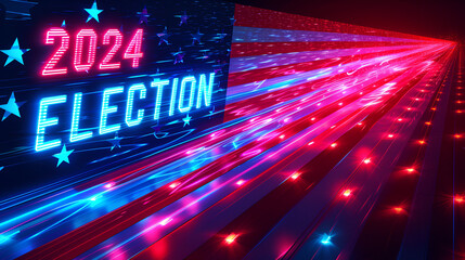 Dramatic neon graphic display reading “2024 ELECTION” - politics - television news - cable news - republican - democrat - bright colors - voting - polls - election coverage  - obrazy, fototapety, plakaty