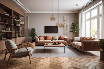 Obraz na płótnie Canvas Stylish furniture and parquet flooring can be seen in a modern living room