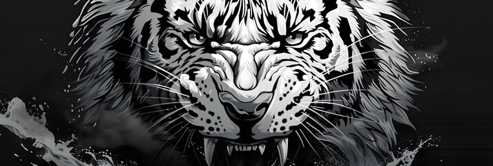 Close-up of the head of an aggressive tiger ready to attack. - obrazy, fototapety, plakaty