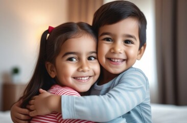 Little Girl Hugging Boy,Strong Brother And Sister Hug In Children's Room,Brothers And Sisters Day
