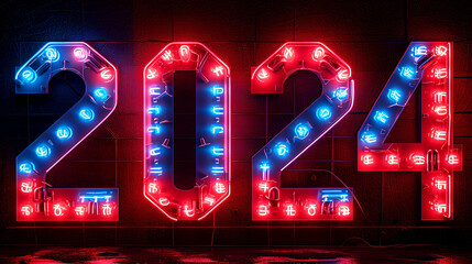 Dramatic neon graphic display reading “2024” - politics - television news - cable news - republican - democrat - bright colors - voting - polls - election coverage  - obrazy, fototapety, plakaty