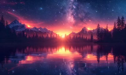 Beautiful nature landscape with mountains and pine tree, lake, generated by AI