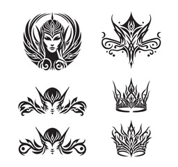 Elegant crowns and design elements in the Elven style, vector illustration
