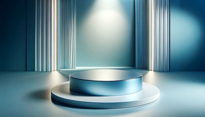 azure and silver 3d studio, a rounded podium with a reflective surface. 3d stage for product display. an abstract platform for product presentation. podium for advertisement. tech products mockup.