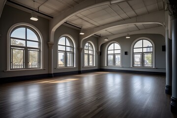 Vacant room with wooden flooring, white and gray walls, and windows that resemble arches