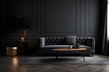 Luxury dark living room interior background, black empty wall mock up, living room mock up, modern living room with gray sofa and black lamp and table, scandinavian style
