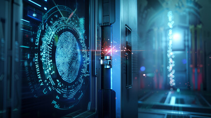 high-security doorway, its lock engaging with a glowing fingerprint scan. Cybernetic encryption codes flow around the scanner - obrazy, fototapety, plakaty