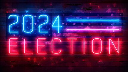 Dramatic neon graphic display reading “2024 ELECTION” - politics - television news - cable news - republican - democrat - bright colors - voting - polls - election coverage  - obrazy, fototapety, plakaty
