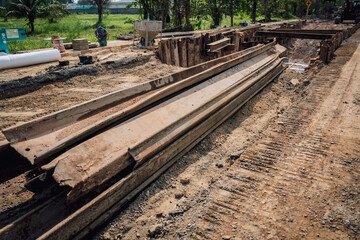 Big road construction site with special machinery in the construction area