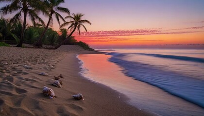 Seashells and Palm Trees on a Tranquil Beach at Sunset 