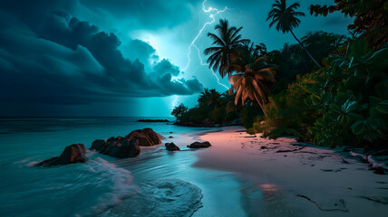 tropical beach view at cloudy stormy night with white sand, turquoise water and palm trees, neural network generated image - obrazy, fototapety, plakaty