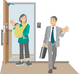 出勤する父親を玄関で見送る赤ちゃんを抱いた母親のイラスト