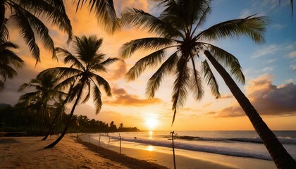 Palm trees silhouette at sunset on a tropical beach