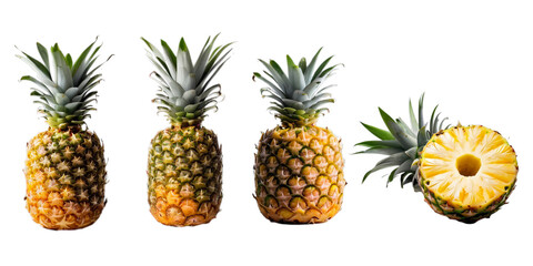 Collection of pineapple isolated on a white background as transparent PNG