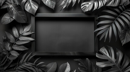Abstract tropical black frame, tropical black leaves texture, Black light shadow, surface leaves tropical plant, black square frame banner cover element, frame floral