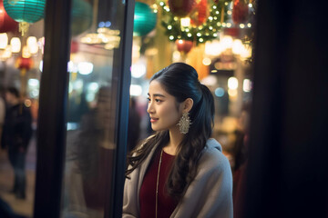 asian woman looks in shopwindow at night time - obrazy, fototapety, plakaty