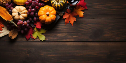 Naklejka na ściany i meble Autumn Harvest: Pumpkin Delights, Rustic Decor, and Festive Foliage on Wooden Table