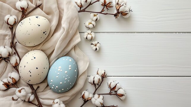 Easter mockup with Easter eggs, cotton branches on white wooden table, negative copy space for your design or text, neutral beige color palette, AI generated