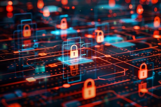 In the digital pulse of cyber security, glowing padlocks stand as vigilant sentinels in a neon circuitry realm.

