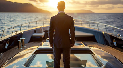 businessman on his luxury yacht, rich people successful corporate lifestyle