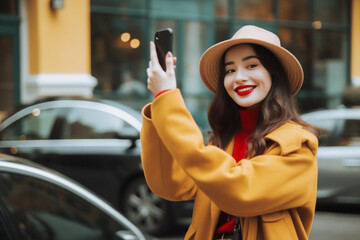 autumn weekend in europe. happy young asian woman taking photos on the autumn city street. mixed race woman taking pictures of city urnab scene with smartphone, mobile phone