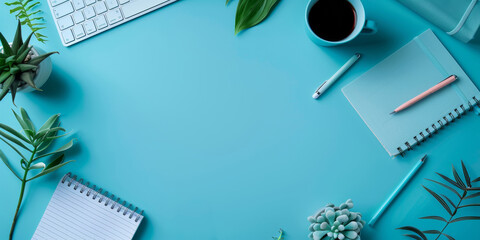 Minimalist Office Desk Arrangement.
Top view of a neatly organised office desk with blue supplies. - obrazy, fototapety, plakaty