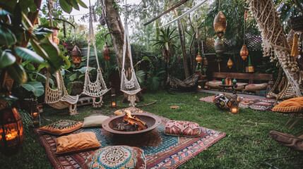 Nomadic Delight: Fire Pit Magic in Our Bohemian Paradise of Macrame and Cushions