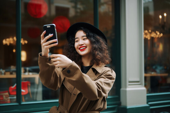 autumn weekend in europe. happy young asian woman taking photos on the autumn city street. mixed race woman taking pictures of city urnab scene with smartphone, mobile phone