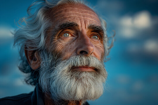 Wise Gaze: Elderly Man with Silver Beard Contemplating the Horizon