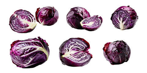 Collection of purple cabbage isolated on a white background as transparent PNG