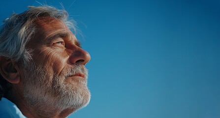 Fototapeta premium Azure Contemplation: Pensive Senior with Silver Hair Against Blue Sky