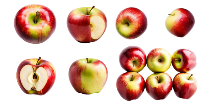 Collection of red apple isolated on a white background as transparent PNG