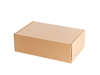 A closed brown cardboard box on a white background without a picture and lettering on different sides.