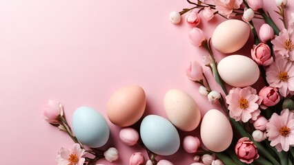 Naklejka na ściany i meble Concept design of colorful eggs, flowers, and leaf on pastel background for Easter Day, Happy easter concept with easter eggs and spring flowers on light background, AI generated