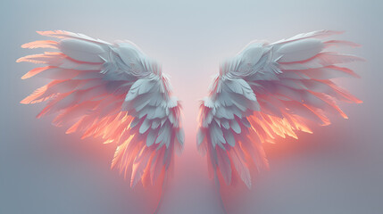 A pair of angle's white feather wings, top lights, isolated on simple background. generative ai