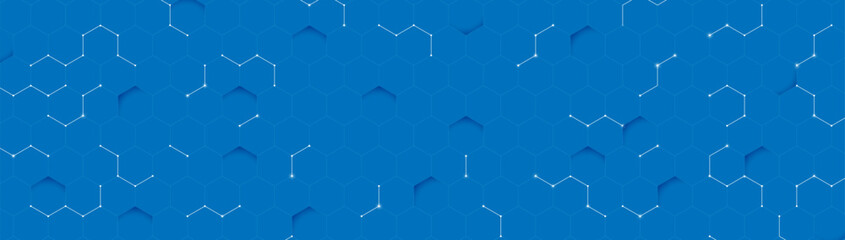 Abstract background with blue hexagon and light lines futuristic technology. Clean horizontal banner. Vector illustration - obrazy, fototapety, plakaty
