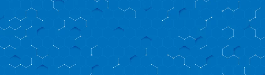Fotobehang Abstract background with blue hexagon and light lines futuristic technology. Clean horizontal banner. Vector illustration © pickup