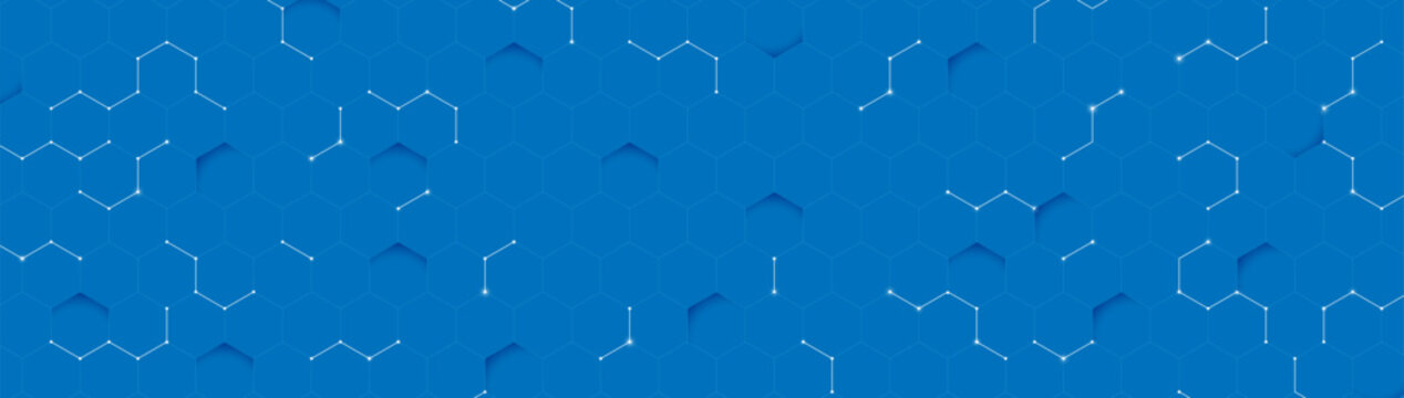 Abstract background with blue hexagon and light lines futuristic technology. Clean horizontal banner. Vector illustration