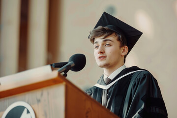 Portrait of young man graduate in a gown stands at a podium and gives a graduation speech