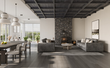 Interior of living room with stone wall, fireplace, dark rafter ceiling and wood flooring. Modern design solution, 3D rendering
