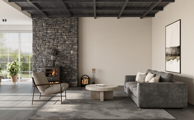 Interior of living room with stone wall, fireplace, dark rafter ceiling and wood flooring. Modern design solution, 3D rendering
