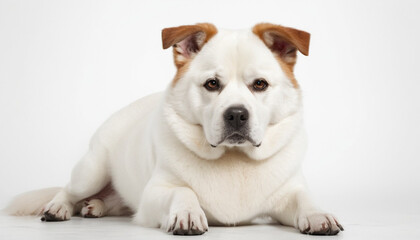 Unhappy dog Laying and waiting on white background, front view
