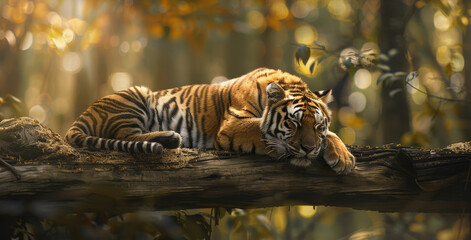 Serene sunbeams bathe a majestic tiger, slumbering peacefully on a moss-covered log in the heart of a pristine forest. Tranquility reigns in this wild paradise