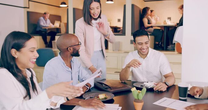 Business people, meeting at restaurant and happy, talking about project with plan and collaboration. Brainstorming, communication and together at cafe for b2b, diversity and teamwork with remote work