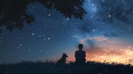 A person and their dog sit silhouetted against a twilight sky peppered with bright stars, sharing a moment of peaceful contemplation.